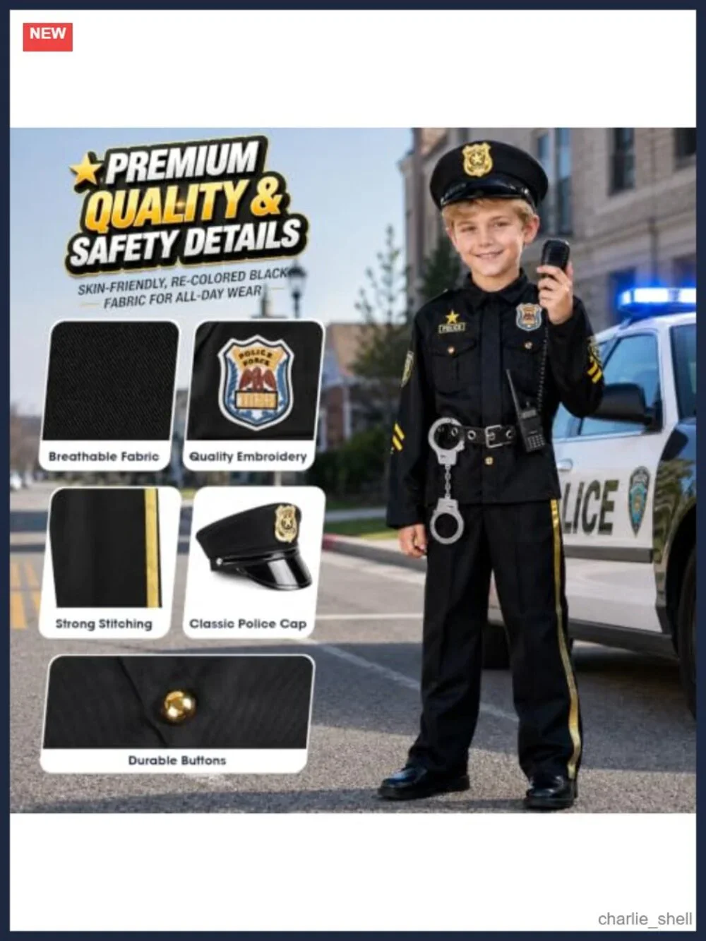 Kids Police Officer Costume Set 5-Piece Halloween Pretend Play Polyester